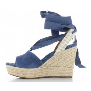 UGG Shiloh Suede Blue Sandals size 8.5 Wedge Espadrille Ribbon Tie Open Toe